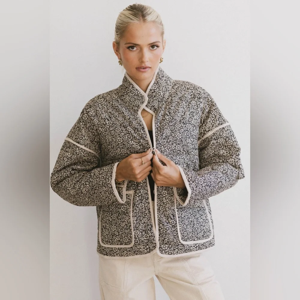 Entro Floral Cotton Quilted Jacket with Patch Pockets | Size Medium - Picture 2 of 10